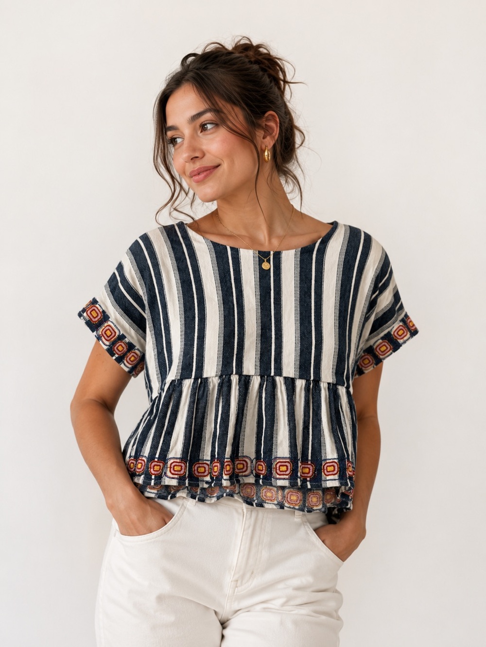 Anthropologie Maeve Blue & White Linen Blend Embroidered Cropped Top Sz. S